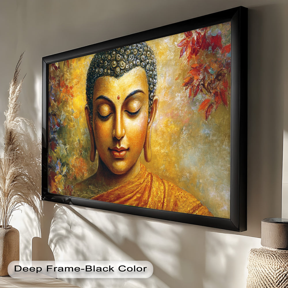 A serene portrait of Buddha in deep meditation, featuring rich golden tones and a textured background with red and yellow leaves.
