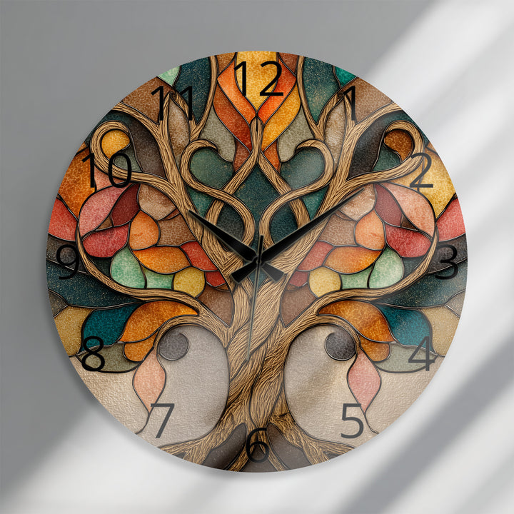 Autumn Tree of Life Glass Wall Clock – Stained Glass Style Decor