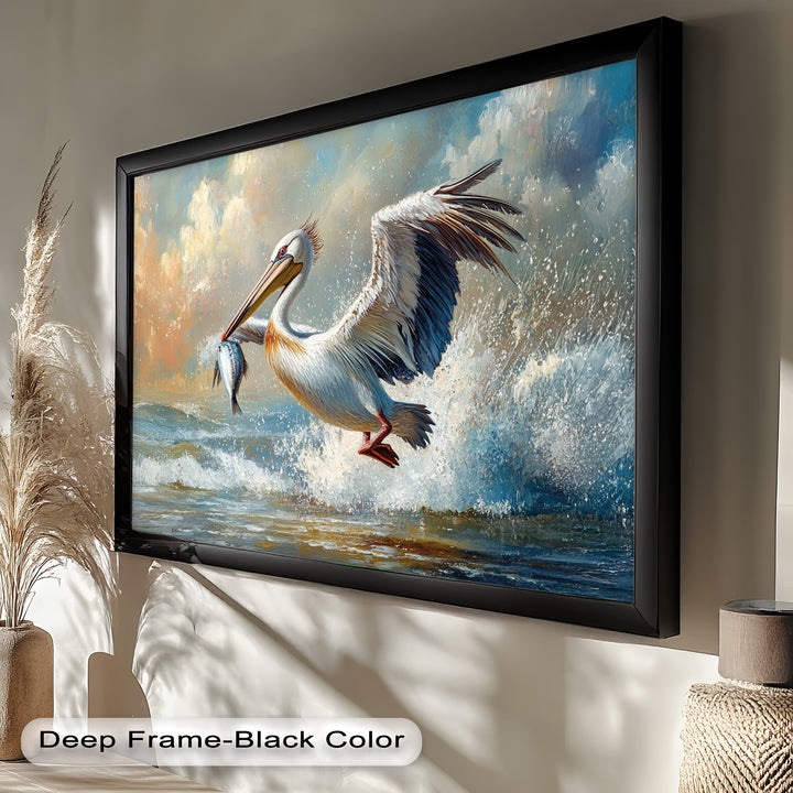 Pelican Catching Fish in Ocean Surf – Animal Oil Painting