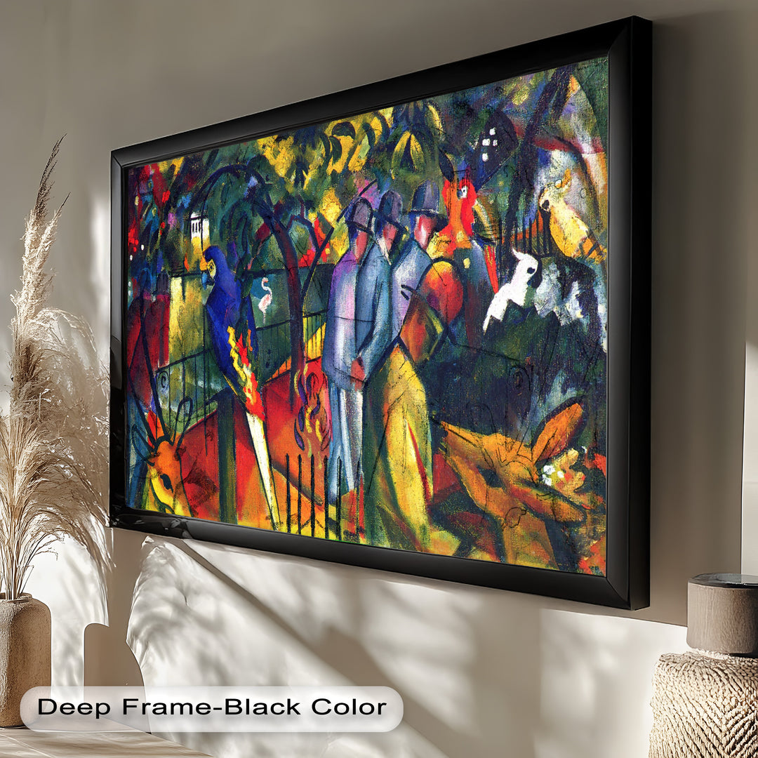 A dynamic zoo scene with colorful parrots, exotic animals, and figures in suits, painted in bold strokes and vibrant hues.