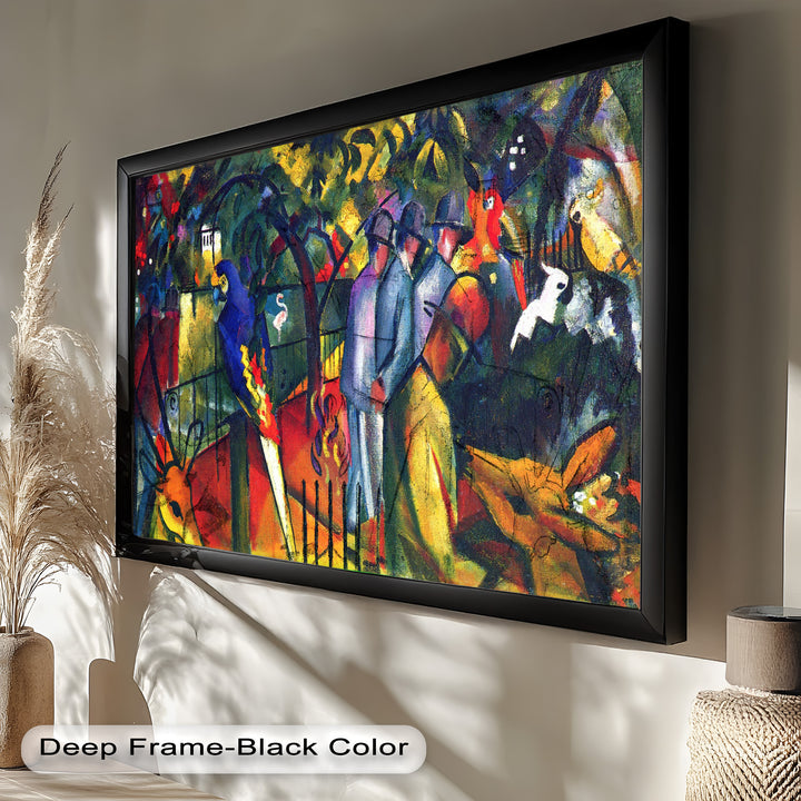A dynamic zoo scene with colorful parrots, exotic animals, and figures in suits, painted in bold strokes and vibrant hues.