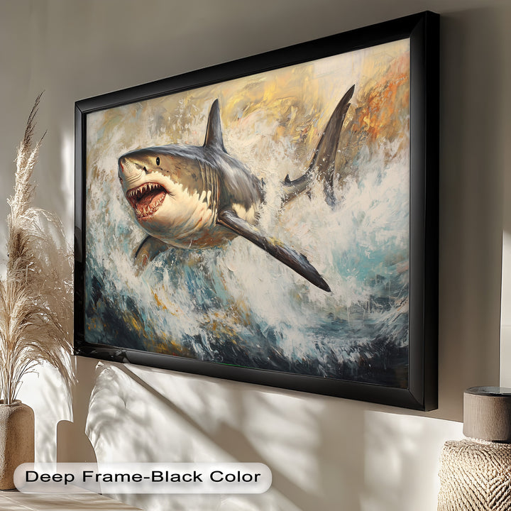 Ferocious Great White Shark Leaping Through Waves - Animal Oil Painting