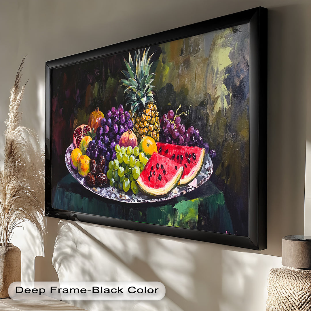 This elegant still life painting captures a timeless scene of a wine bottle, a glass of red wine, fresh grapes, and rustic bread on a softly lit table.
