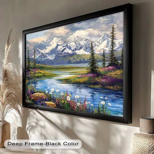 Visible surface texture accentuates the handcrafted feel of this framed oil painting, enhancing the vintage mountain and river scene with rich, traditional oil painting decoration.