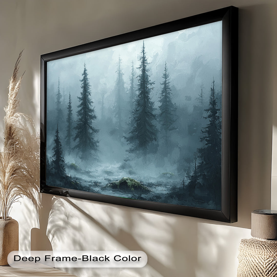 A captivating impressionist-style artwork depicting a quiet, mist-covered forest, where dark pine silhouettes contrast against the ethereal haze of the morning fog.