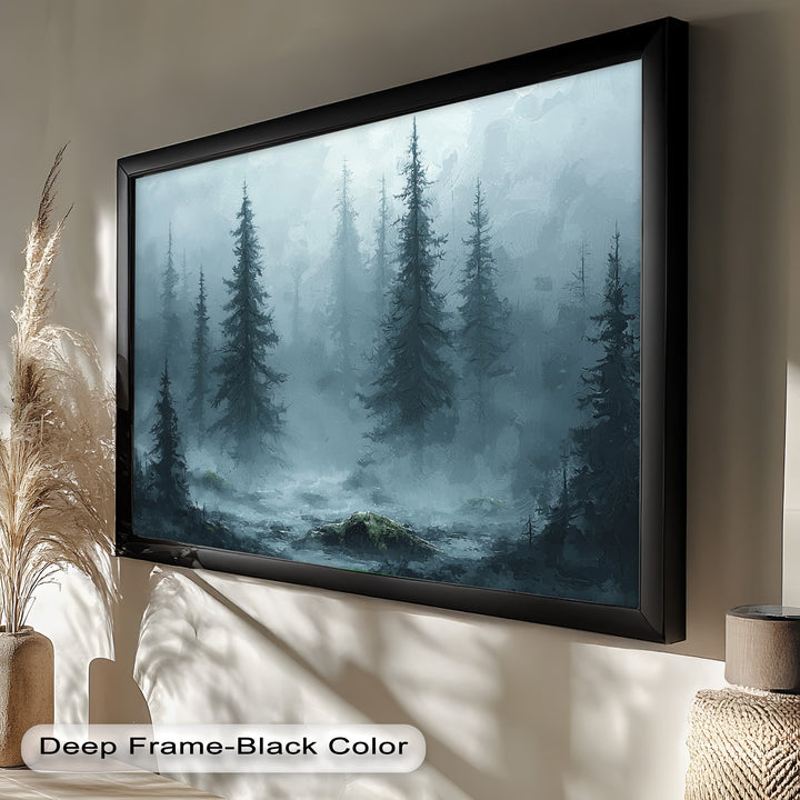 A captivating impressionist-style artwork depicting a quiet, mist-covered forest, where dark pine silhouettes contrast against the ethereal haze of the morning fog.