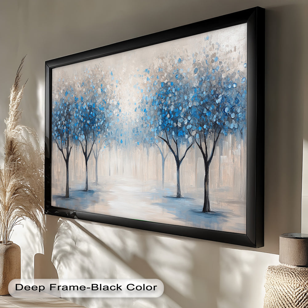 A calming row of trees with delicate blue blossoms, painted in a dreamy, minimalist palette of gray, white, and soft neutrals.