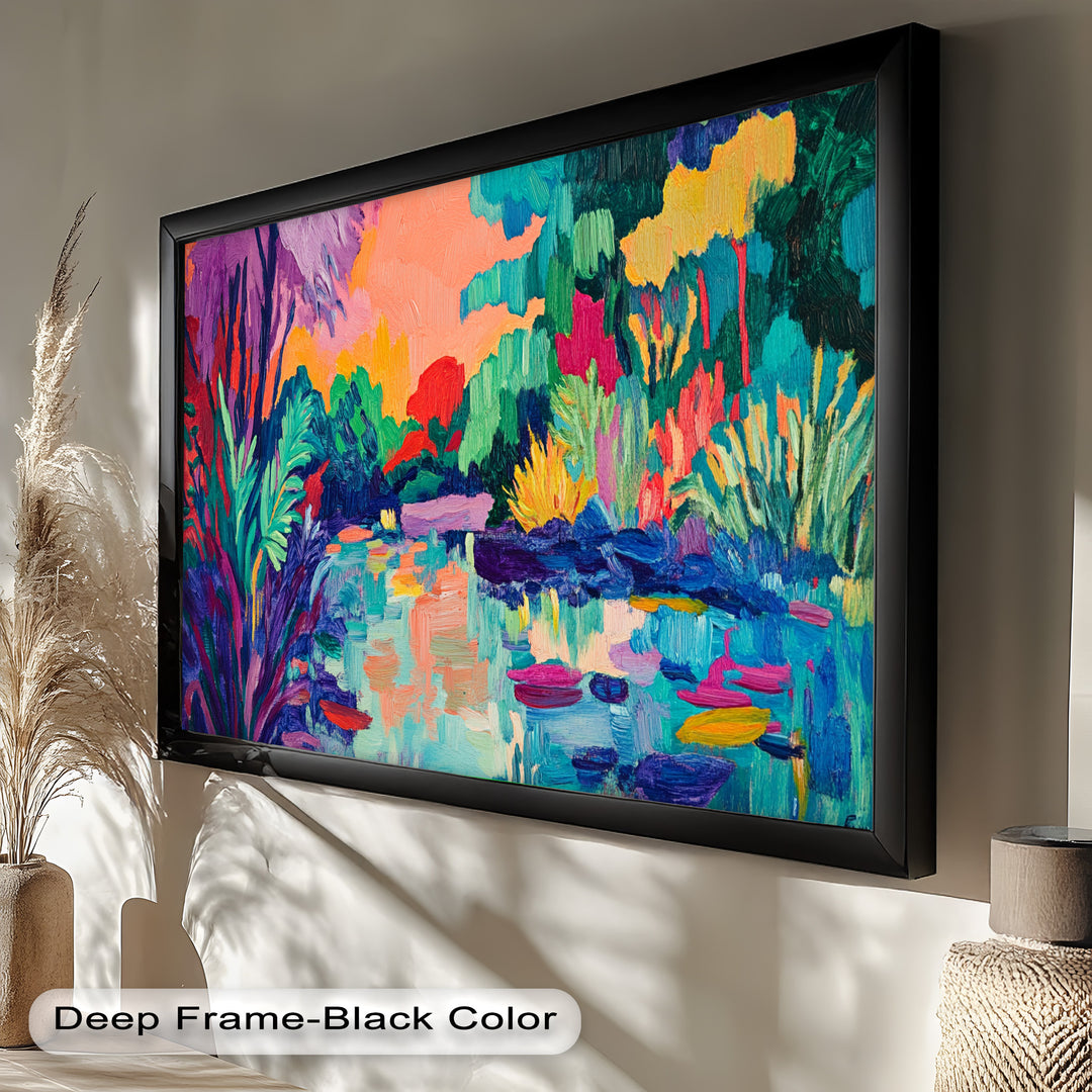 Sunset Reflections Oil Painting – Fauvist Lakeside Dreamscape
