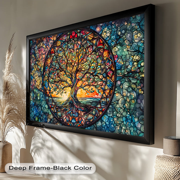 Lebensbaum Mandala Wandkunst – Farbenfrohes gerahmtes Ölgemälde