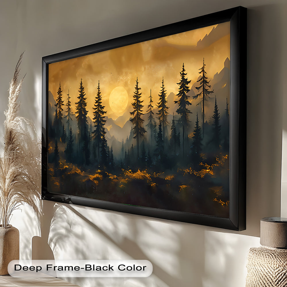 With rich amber tones and dramatic contrasts, the artwork evokes a mystical, almost cinematic atmosphere of early dawn or twilight.

