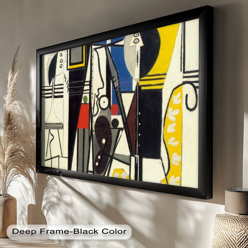 A cubist-inspired artwork featuring fragmented forms, faces, and dynamic geometric elements in a vertical layout.