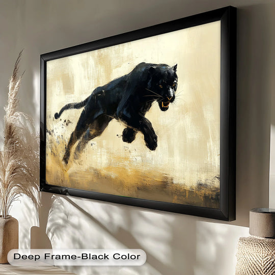Featuring high color saturation, this dramatic animal oil painting wall art depicts a charging black panther in motion against a neutral backdrop.