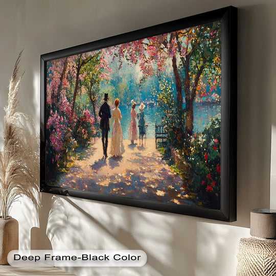 Detailed surface texture reveals the artistic brushstrokes and impasto of this 'Springtime Promenade' impressionist oil painting art prints, depicting a romantic garden path.