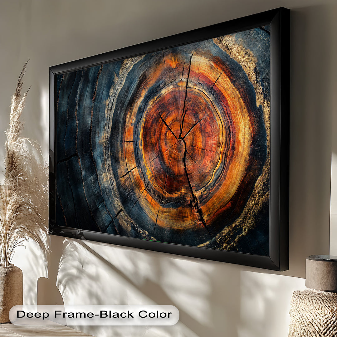This captivating wood-inspired artwork highlights the beauty of time, as the detailed cracks and vibrant hues within the tree rings tell a silent story of nature’s endurance.