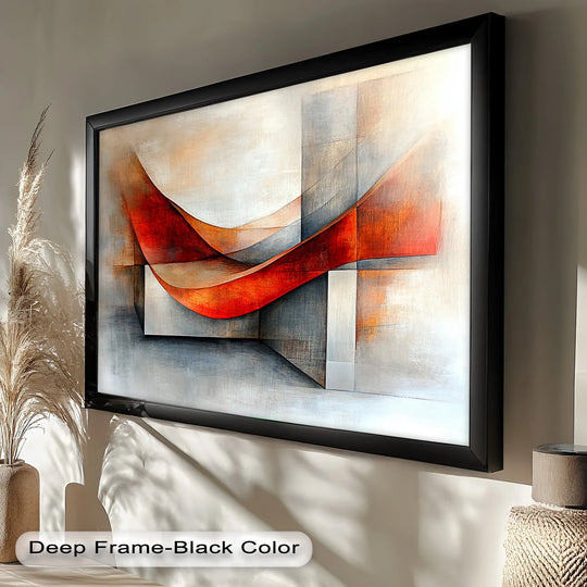 The darkest area highlights the abstract geometric forms of this framed modern oil painting, an oil painting reproduction print featuring bold white and red hues.