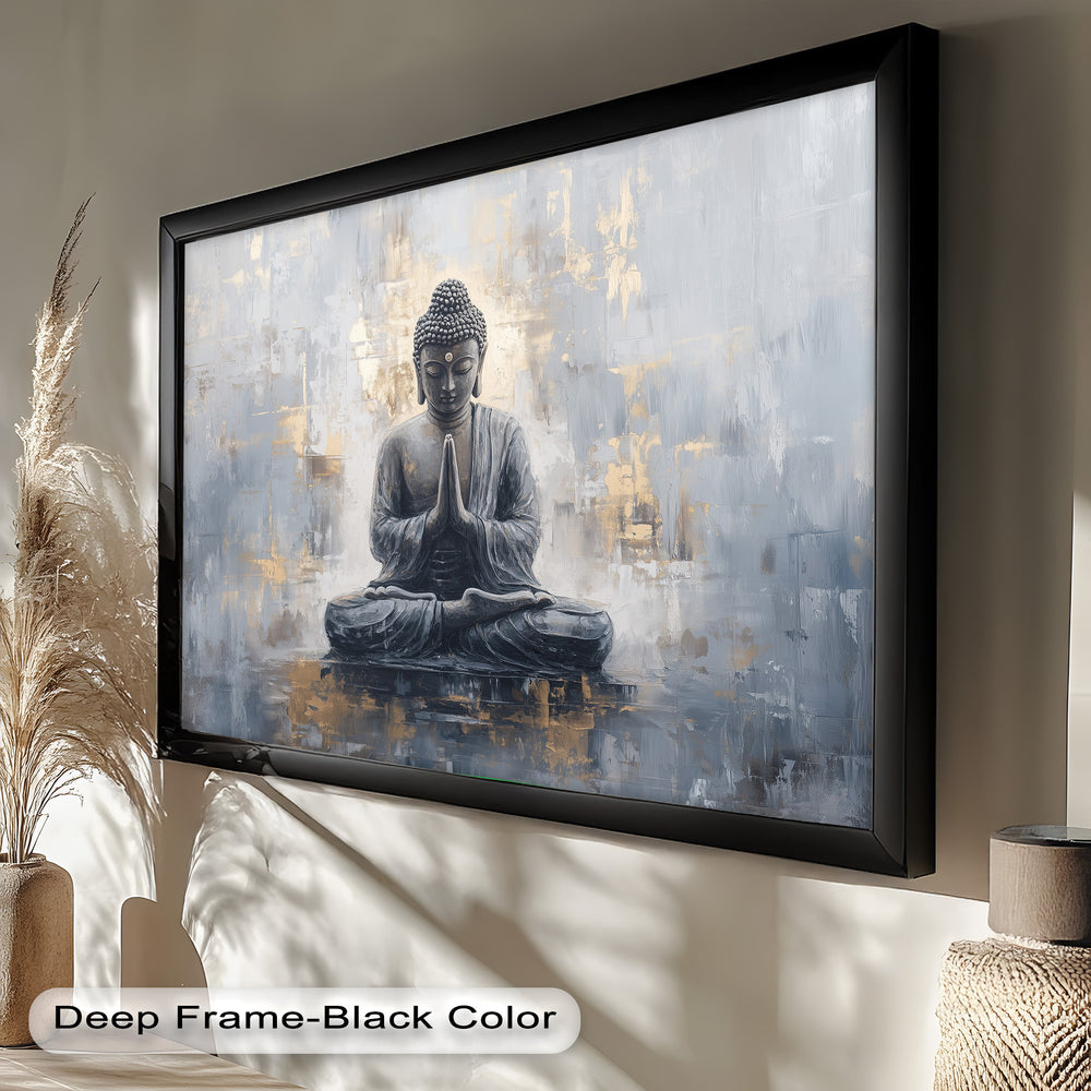 A serene Buddha figure with hands in Namaste position, surrounded by textured brushstrokes in muted silver and golden tones.