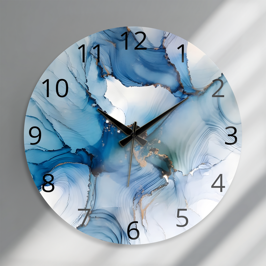 Blaue Marmorglas-Wanduhr – Abstraktes fließendes Kunstdekor
