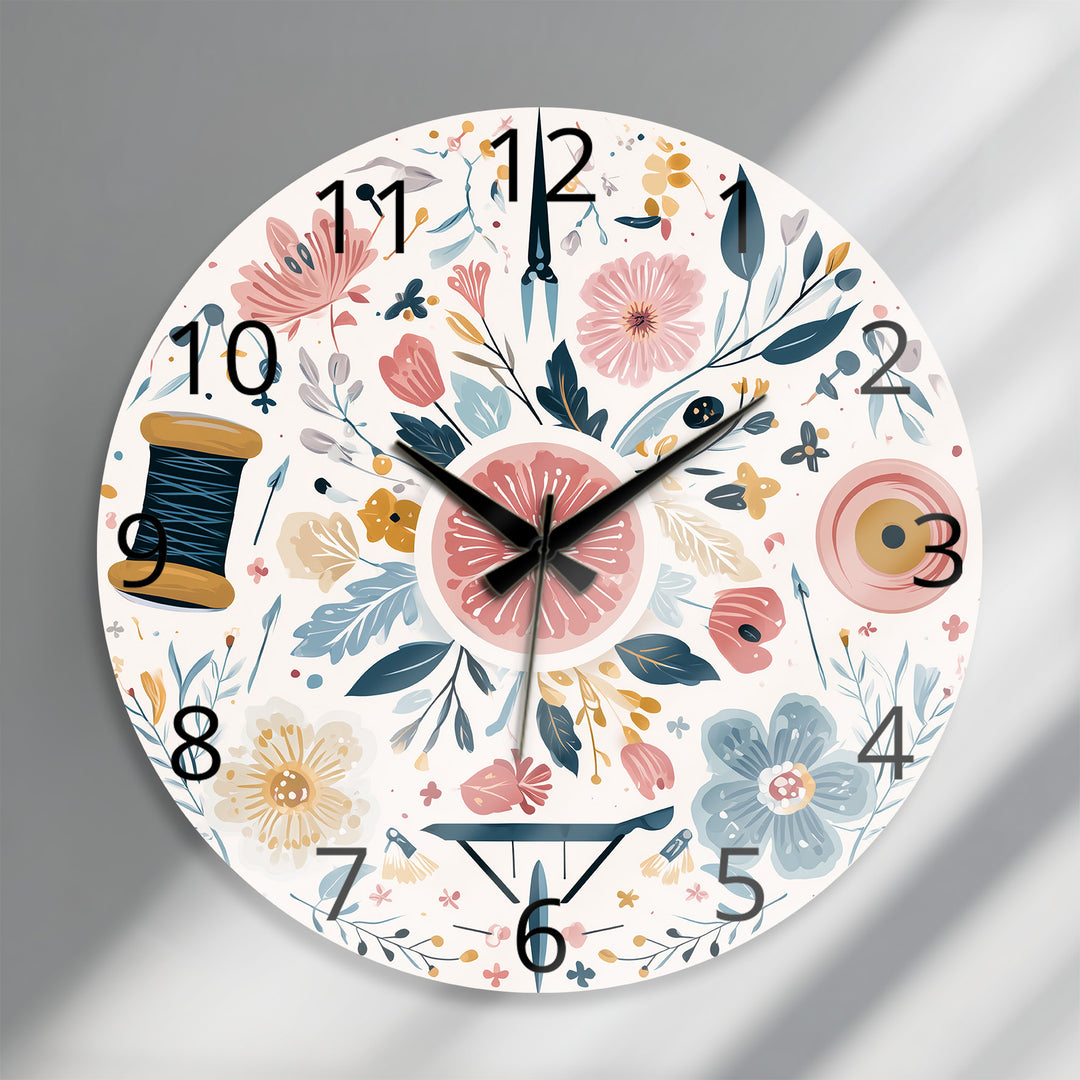 Floral Sewing Glass Wall Clock – Craft Room Decor