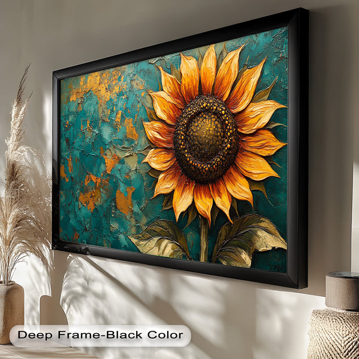 Sunflower on Textured Teal - Flower Oil Painting