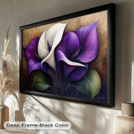 Deep black finish frames the purple tulips luxurious floral oil painting, enhancing its sophisticated appeal as exquisite oil painting home decor.