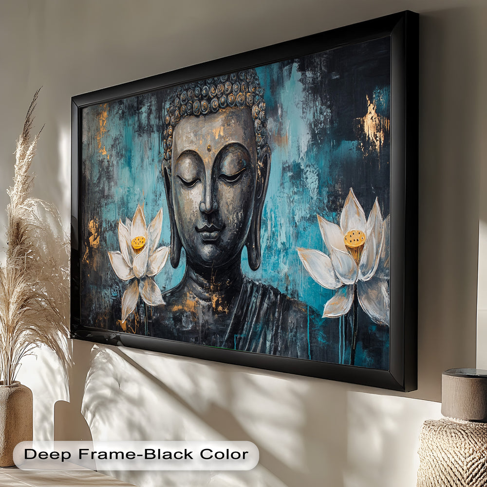 A calming depiction of Buddha’s face in meditation, accompanied by symbolic white lotuses on a vibrant blue and gold abstract backdrop.