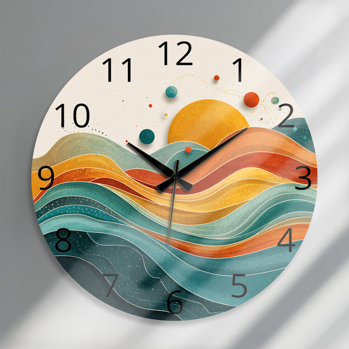 Retro Sunset Glass Wall Clock – Abstract Boho Wave Art