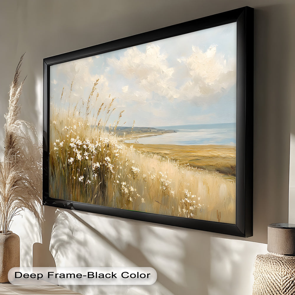 This impressionist-style painting captures the beauty of nature’s simplicity, where golden fields and delicate white blooms meet the soft blues of the ocean and sky.