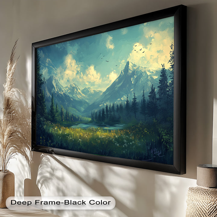 Expressive brushstrokes and a rich color palette bring depth and movement to this masterpiece, evoking the fresh mountain air and the peaceful solitude of the wilderness.