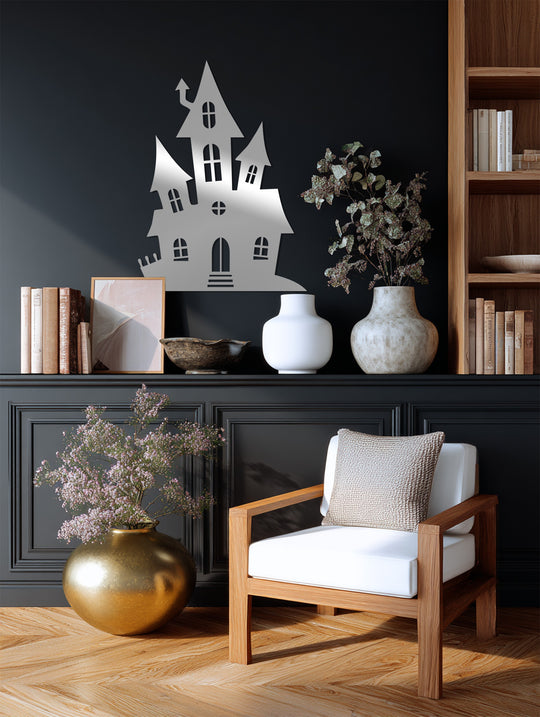 Aspiraling upward in ghostly fashion, the haunted house decoration wall art suggests an ethereal, unsettling sense of motion on the dark backdrop.