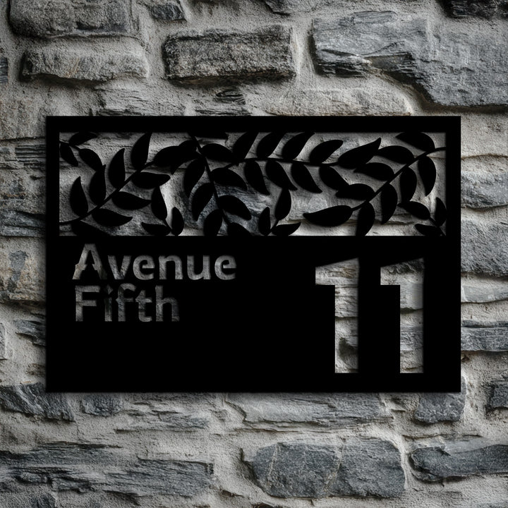 Modern black metal house number leaf cutout