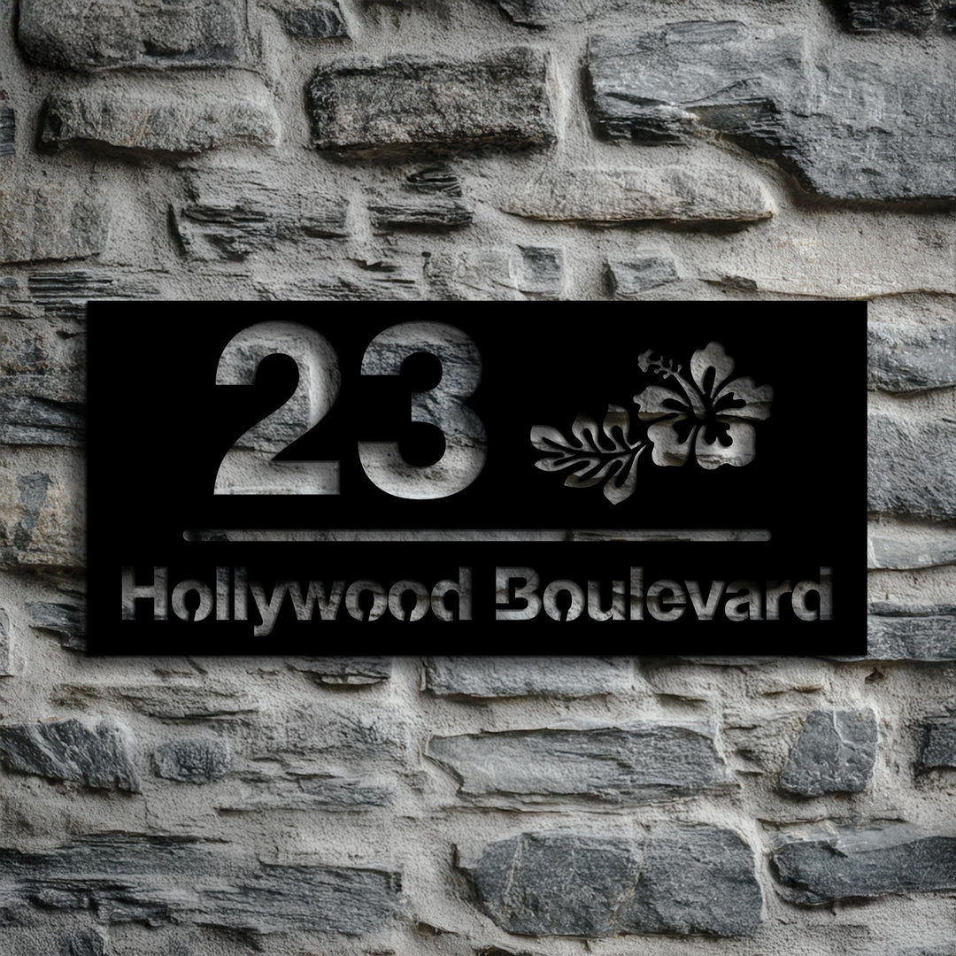 Black metal street name house number sign