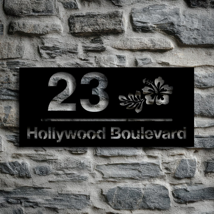 Black metal street name house number sign