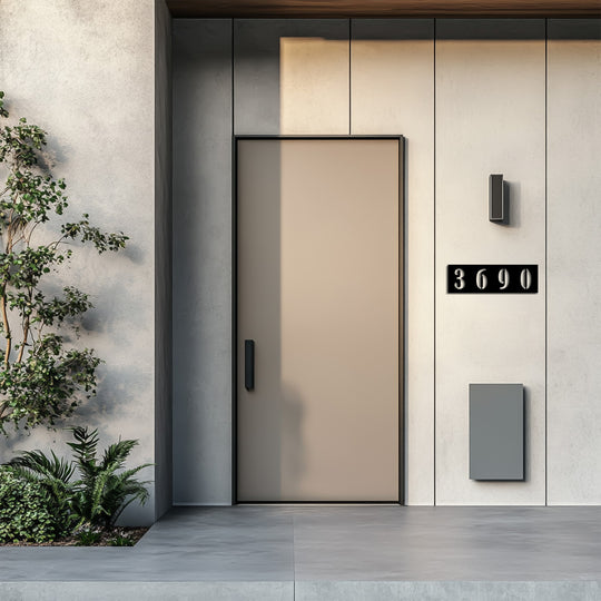 The focal point showcases the modern address numbers, illustrating distinctive metal art for wall that enhance any home's exterior with a sleek horizontal display.