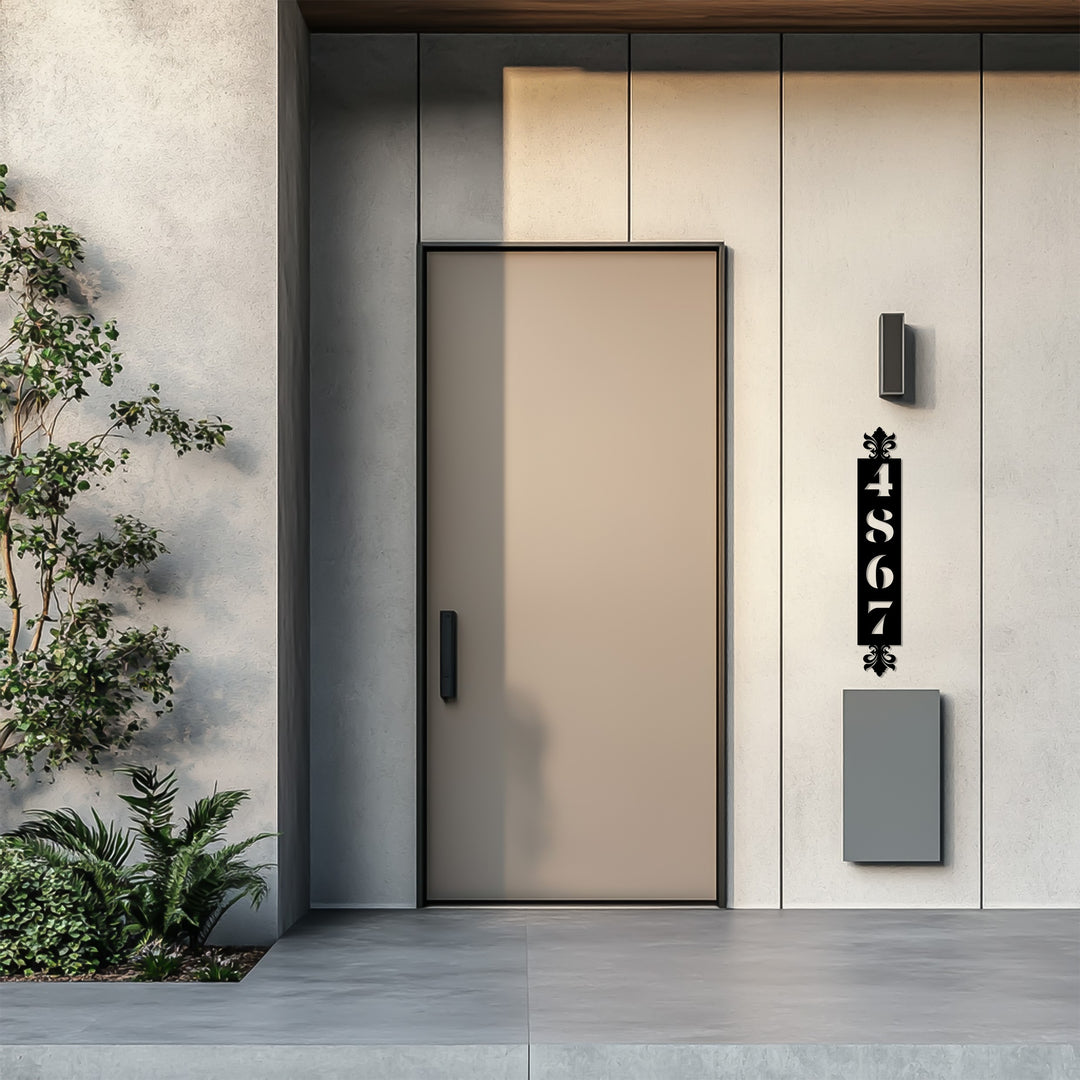 Vertical numeric metal house number sign ornate