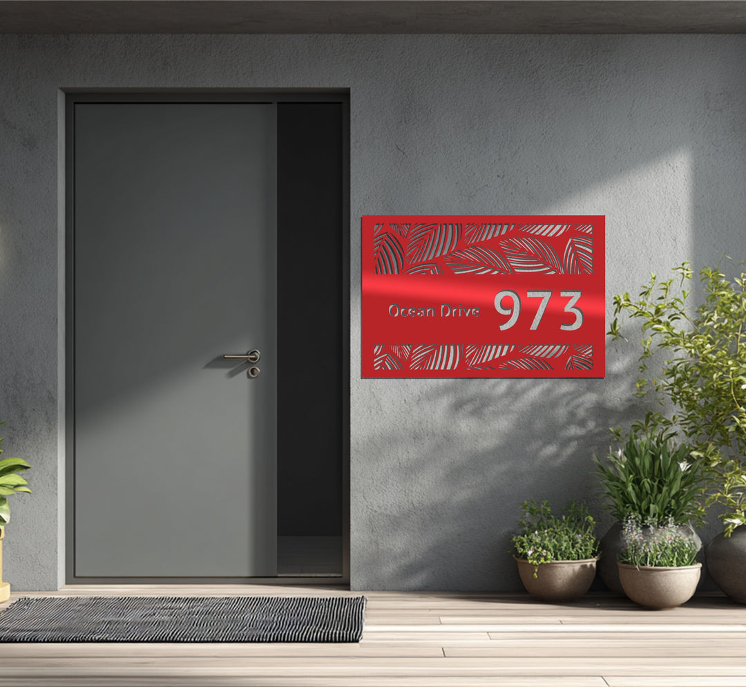 Personalized metal address sign with botanical motif