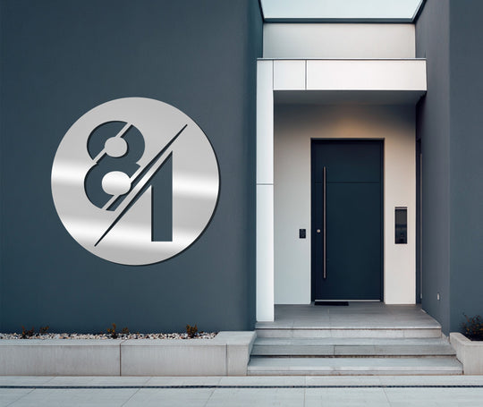 Horizontally oriented round decoration wall art showcases a modern custom metal address sign with the house number eighty-one.