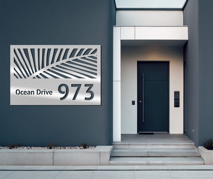 Modern metal house number sign outdoor