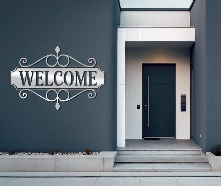 Black metal welcome sign for front door