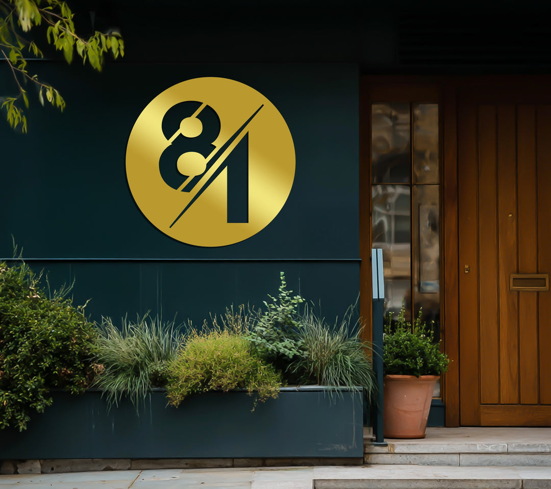 Sleek round black metal house sign