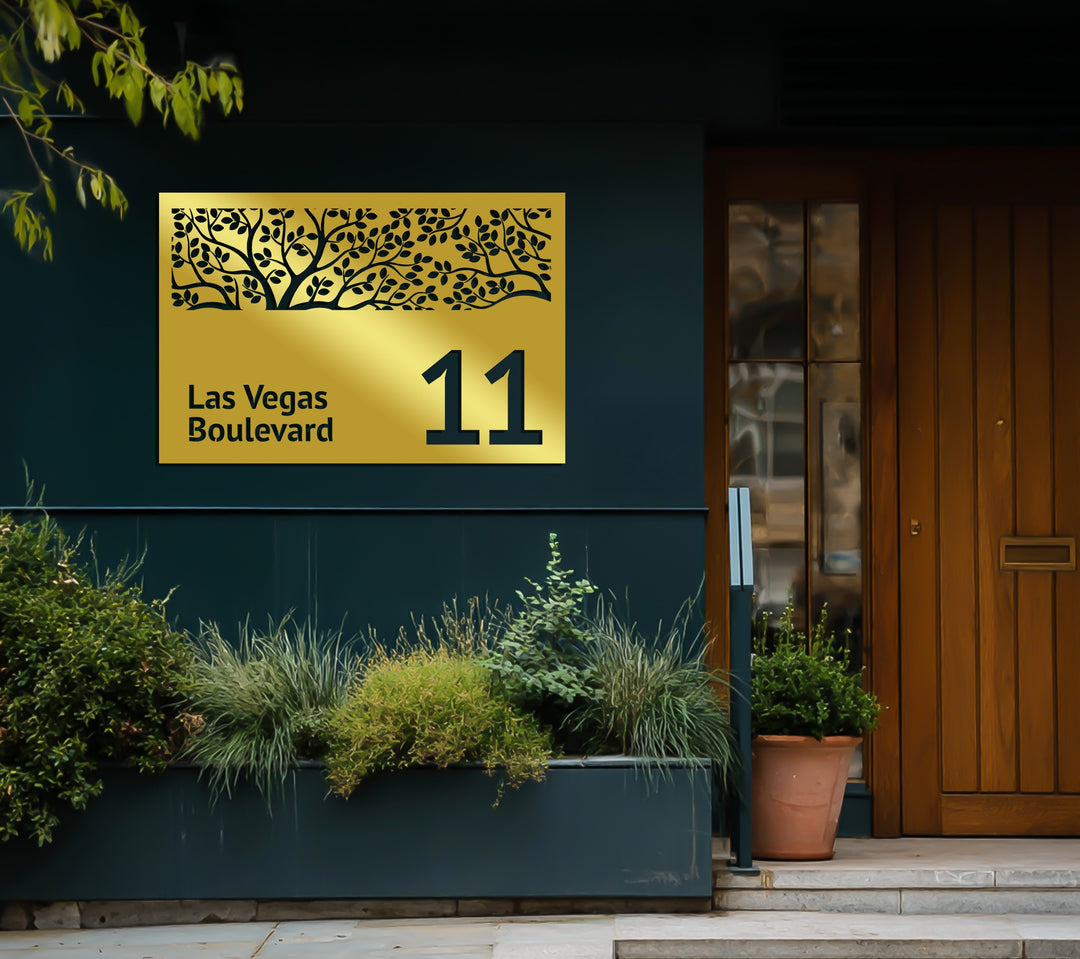 Artistic tree metal house number wall decor