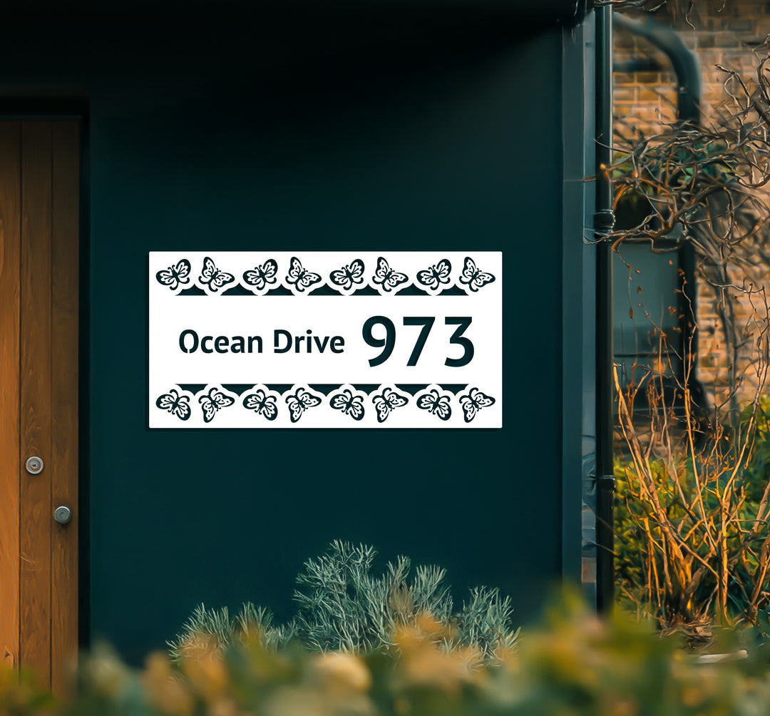 Decorative metal street name address sign butterfly