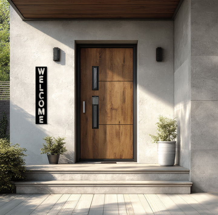 Black vertical metal welcome door sign