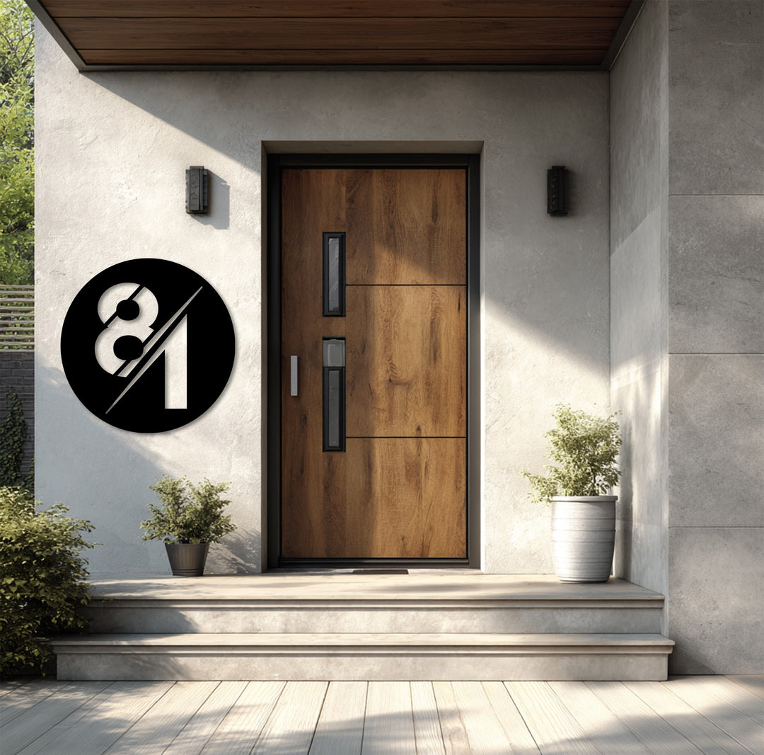 Contemporary round metal wall address decor