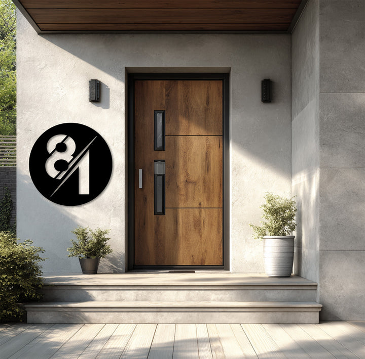 Contemporary round metal wall address decor