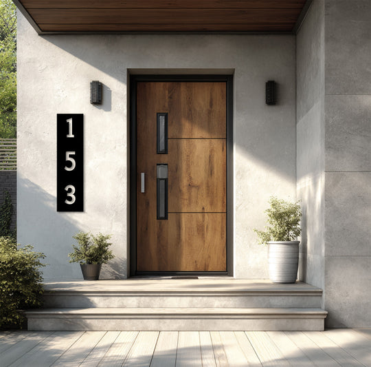 The stillness of the facade is accentuated by the modern address numbers on a decoration wall art, presenting an elegant, vertical metal house number sign.