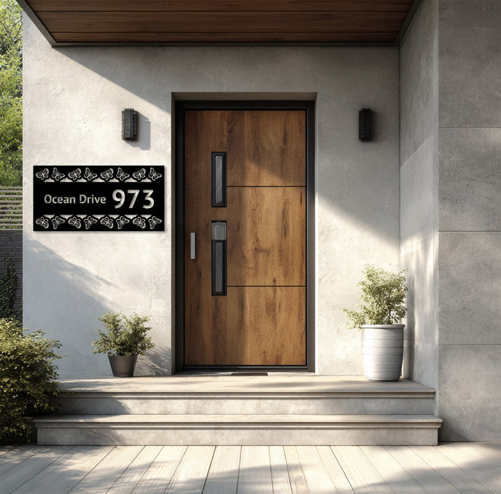 Elegant metal address plaque with butterfly border