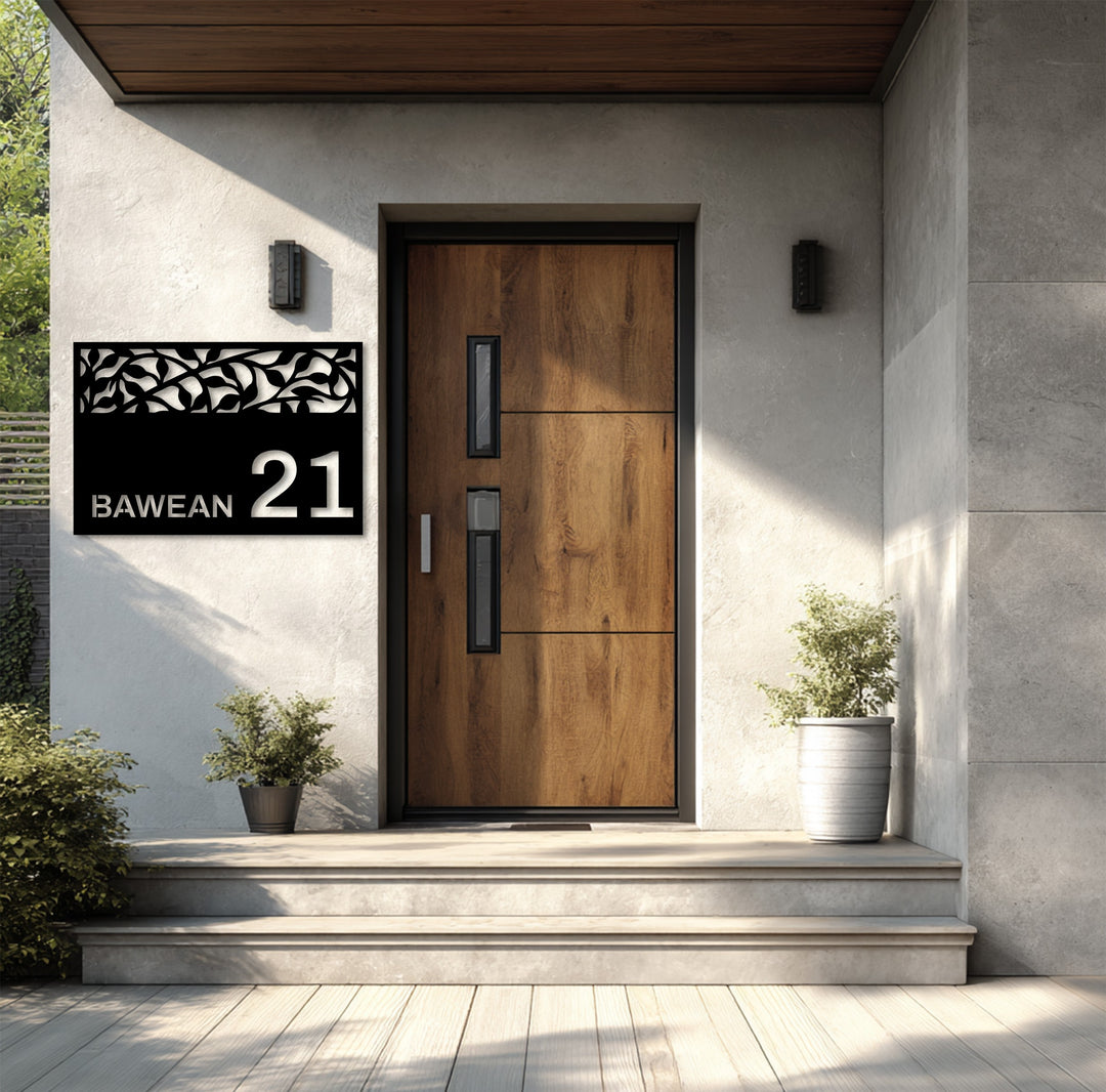 Artistic metal house number plaque exterior