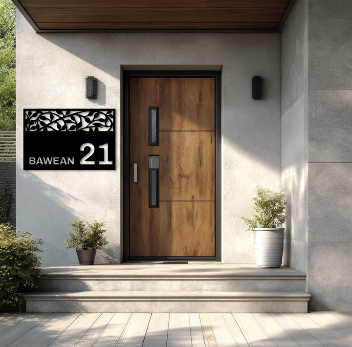 Artistic metal house number plaque exterior