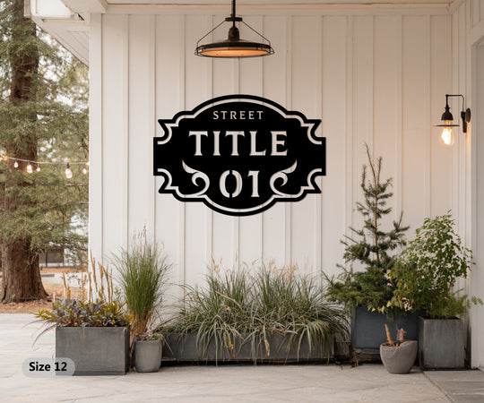 Foreground potted plants accentuate the classic street name plaque, a piece of outdoor metal artwork, enhancing a home's address sign with a stylish touch.