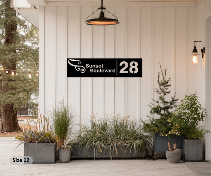 Decorative scroll metal house number sign